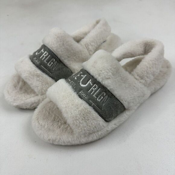 True Religion Plush Faux Fur Slide Slippers Sling Back Fuzzy Ivory XL 9.5-10.5 - Picture 2 of 11